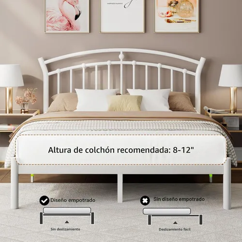 Vista 8 de iPormis Marco de cama de plataforma de metal de tamaño completo con cabecera moderna de arte de hierro/soporte de listones de acero de servicio Negro