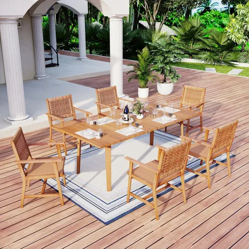 Vista 8 de MFSTUDIO Juego de 2 sillas de comedor de madera de acacia para exteriores, con asiento de ratán tejido hecho a mano y respaldo de ratán para jardín