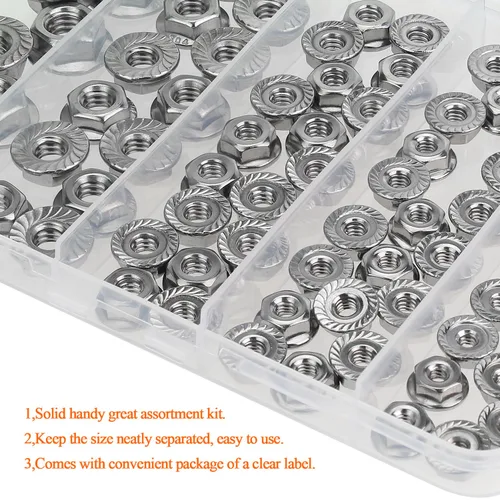 Vista 25 de HELIFOUNER 20 tuercas de brida de 1/2 "-13, kit surtido de tuercas hexagonales de brida dentada, acero inoxidable 304 (18-8), acabado brillante