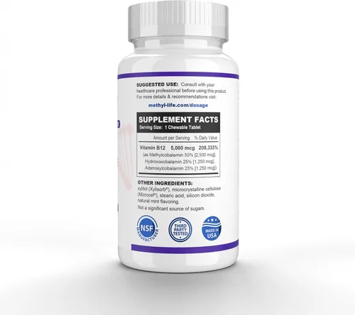 Vista 4 de Methyl-Life B12 Complete – 5000 mcg de metilcobalamina + hidroxi B12 + adenosilcobalamina Vegano, sin OMG, sin gluten 90 tabletas masticables