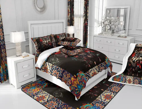 Vista 6 de Funda de edredón de lobo, juego de ropa de cama con estampado de mandala para niños, funda de edredón bohemia con atrapasueños para decoración