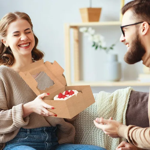 Vista 7 de Moretoes 48 cajas de panadería marrones con ventana, 6 x 6 x 3 pulgadas, cajas de papel kraft para pasteles pequeños, galletas, pasteles, cupcakes