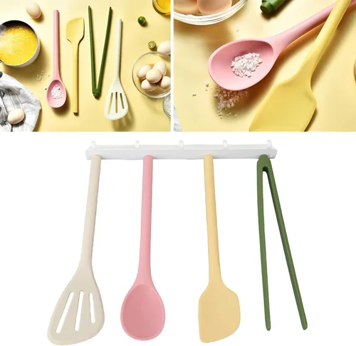 Vista 5 de 5 Pieces Silicone Kitchen Utensil Set, Integrated Silicone Cooking Utensils Spatulas Spoon Food Tongs and Hook Storage Rack Baking Supplies for