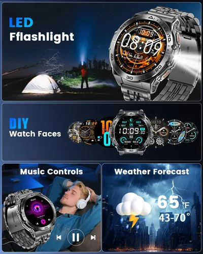 Vista 7 de Military Smart Watches for Men with Bluetooth Call, 1.6" AMOLED Waterproof Smartwatch with Flashlight, 116 Sport Modes, 900mAh Heart Rate/SpO2/Sleep