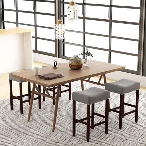 Vista 2 de COSTWAY Juego de 4 taburetes de bar de altura de mostrador, taburetes de silla sin respaldo de 25 pulgadas con borde de cabeza de clavo, marco