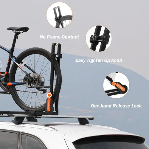 Vista 2 de TOOENJOY Soporte de bicicleta en el techo para coche SUV, soporte de bicicleta de montaje en el techo vertical con 2 brazos para barra transversal