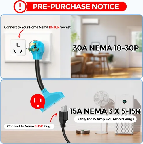 Vista 2 de CircleCord Cable adaptador de distribución de secadora de 3 clavijas, 30 amperios a 110 V, NEMA 10-30P macho a 3X 5-15R enchufe doméstico hembra