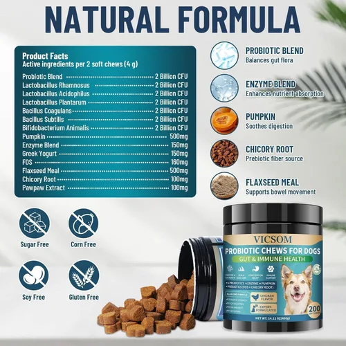 Vista 4 de Probióticos para perros, 200 probióticos suaves masticables para perros, salud digestiva, salud intestinal y sistema inmunológico, con 6 probióticos