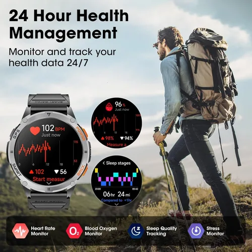 Vista 4 de Military Smart Watches for Men with GPS, 1.43" AMOLED Bluetooth Call Smartwatch with LED Flashlight, Smart Watch for Android iOS, IP68 Waterproof