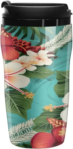 Hawaiian Flowers on Green Background Coffee Cup Hot Coffee Travel Mug Reusable Iced Coffee Cups Double Heat Insulation Coffee Mug with Leak-Proof