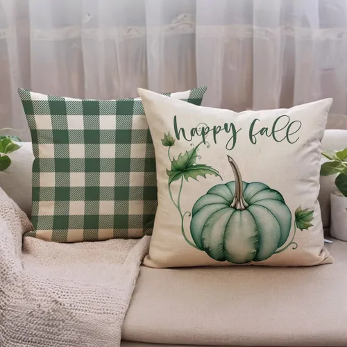 Vista 2 de Fundas de almohada decorativas de otoño, diseño de calabaza y búfalo de otoño a cuadros de 18 x 18 pulgadas, paquete de 2 fundas de almohada