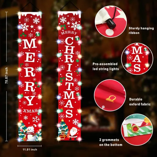 Vista 3 de Idefair - Banderines de Navidad con luces de cadena LED, decoración de puerta de Navidad para interiores y exteriores, nuevo año, letrero rojo