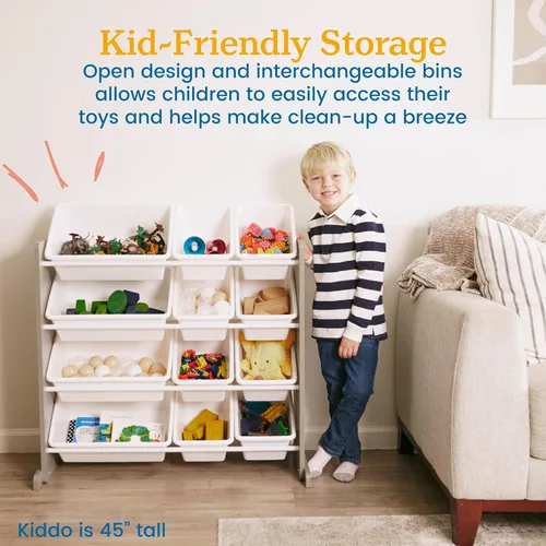 Vista 5 de ECR4Kids Organizador de 4 niveles con 12 contenedores, para almacenamiento de juguetes, gris/blanco