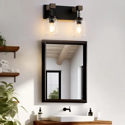 Vista 8 de Accesorios de Iluminación para Baño Estilo Granja, Lámpara de Tocador para Baño de 2 Luces Negro Mate, Estilo Industrial con Pantallas de Vidrio