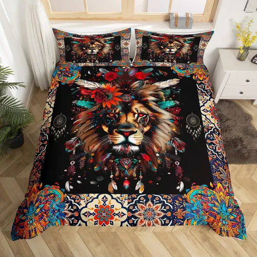 Vista 19 de Funda de edredón de lobo, juego de ropa de cama con estampado de mandala para niños, funda de edredón bohemia con atrapasueños para decoración