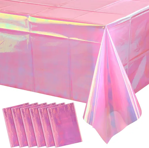 Vista 45 de 3 paquetes de mantel de plástico a cuadros negro y iridiscente, cubiertas de mesa rectangulares brillantes desechables con láser, mantel holográfico