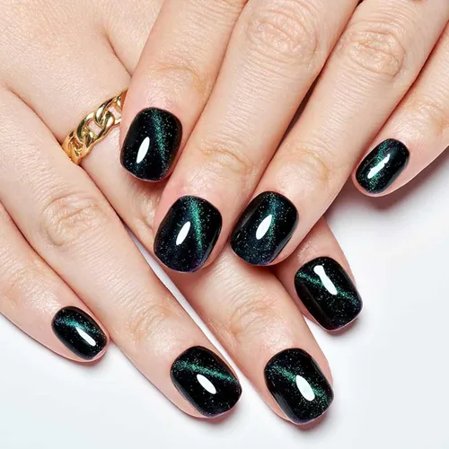 Vista 2 de GLAMERMAID Uñas postizas a presión extra cortas de ojos de gato negros, uñas postizas hechas a mano, escovalas cortas, pegamento cuadrado redondo