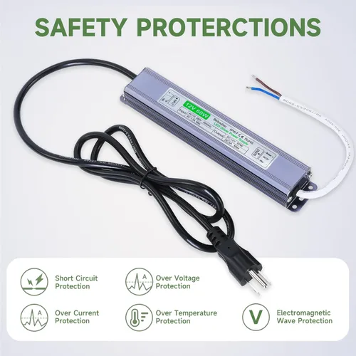 Vista 4 de Controlador LED de 60 vatios impermeable IP67, transformador de fuente de alimentación de voltaje constante de 12 voltios AC110 a CC, cable de 3.3