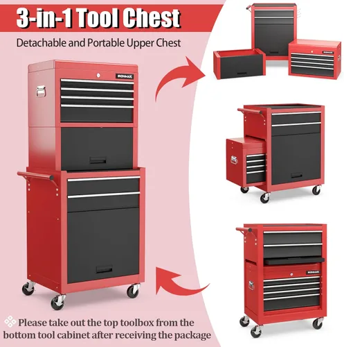 Vista 4 de IRONMAX Caja de herramientas con ruedas, armario de herramientas con cerradura de 5 cajones con estante ajustable y 4 ruedas universales, caja