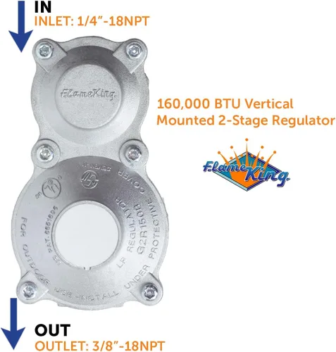 Vista 4 de Flame King Regulador LP de propano de 2 etapas montado verticalmente de 160,000 BTU para caravanas, furgonetas, remolques, cámperes, tanques de 100