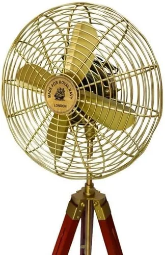 Vista 3 de Ventilador eléctrico con cable hecho a mano de latón antiguo estilo vintage con soporte de trípode ajustable de madera, diseño retro, coleccionable