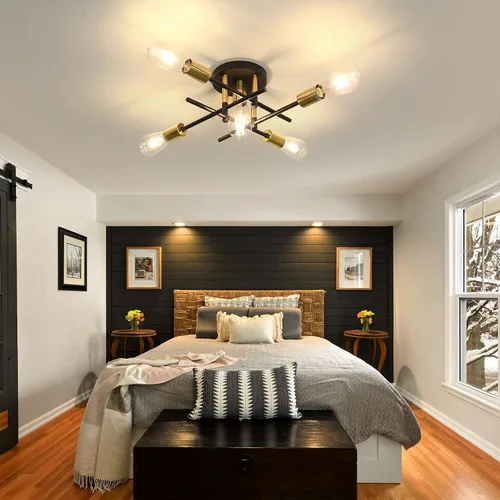 Vista 6 de UOFUS Lámpara de techo semiempotrada de 5 luces estilo casa de campo con lámpara E26 moderna lámpara de techo Sputnik negro mate y dorado