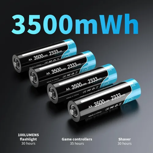 Vista 4 de Baterías recargables AAA de litio, 4 paquetes de 1110 mWh de alta capacidad1.5 V AAA batería recargable de iones de litio triple A, cable USB