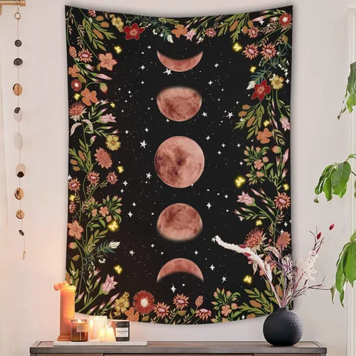 Rexful Tapiz de jardín iluminado por la luna, fase lunar rodeada de plantas y flores, manta negra para colgar en la pared, 36 x 48 pulgadas