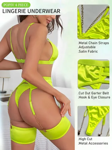 Vista 2 de Popiv Lencería sexy para mujer, conjunto de lencería de encaje con tiras de cintura alta, lencería de malla transparente