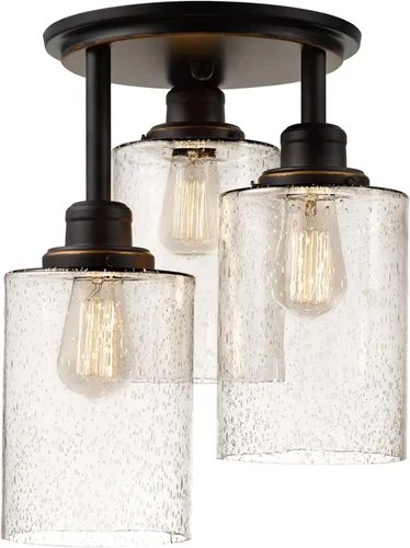 Globe Electric 65904 Lámpara de techo semiempotrada de 3 luces de bronce con pantallas de vidrio semillado, ideal para cocina, baño, dormitorio