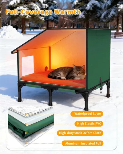 Vista 5 de Casa climatizada para gatos para exteriores, refugio elevado para gatos con almohadilla térmica y puerta de escape, refugio para gatos al aire libre