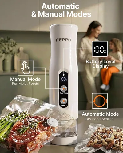 Vista 2 de FEPPO Compact Vacuum Sealer for Food (Vacuum Sealer Machine + 3 Containers + 10 Reusable Bags), Anti-Overflow Powerful Portable Handheld Food