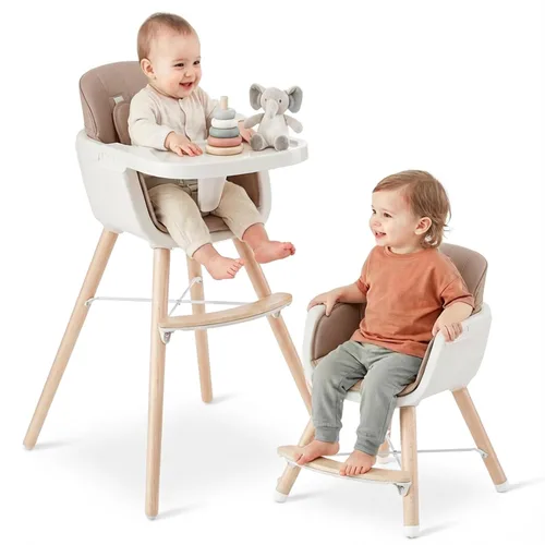 Vista 10 de Mallify Silla alta de madera 3 en 1, sillas altas convertibles para bebés y niños pequeños, silla alta para bebé con patas ajustables y bandeja apta