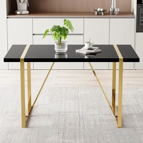 Vista 2 de Mesa de comedor Ebullient para 4, mesa de comedor rectangular negra de MDF, tapa de mesa de cena de mármol falso, mesa de comedor moderna con marco