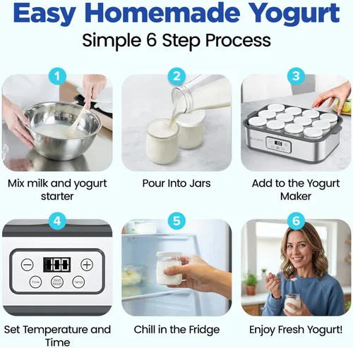 Vista 4 de Ultimate Probiotic Yogurt Maker XL, control de tiempo y temperatura ajustable, 50% más de capacidad con 12 frascos de yogur de 6 onzas, hace