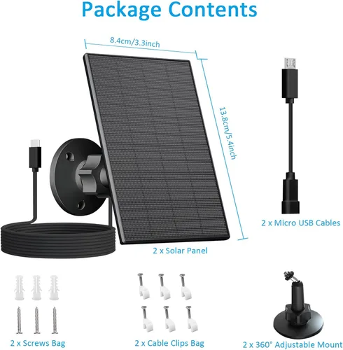 Vista 2 de Panel solar de 2 W para cámara de seguridad al aire libre, cargador USB/USB-C con IP65 impermeable, montaje ajustable de 360° y cable de 7.2 pies