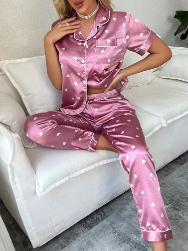 Vista 3 de WDIRARA Conjunto de pijama de manga corta y pantalones de satén a rayas para mujer