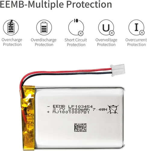 Vista 8 de EEMB Batería de polímero de litio de 3.7 V 2000 mAh 103454 Lipo Batería recargable con conector JST de cable para altavoz y dispositivo inalámbrico
