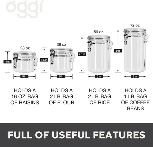 Vista 6 de Oggi - Juego de 4 recipientes transparentes con tapas de cierre y cucharas - Recipientes herméticos para almacenamiento de alimentos, ideales