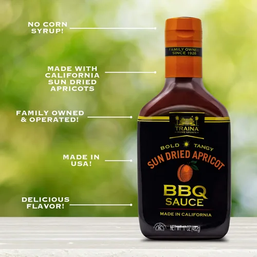 Vista 4 de Traina Home Grown California Salsa de barbacoa de albaricoque secado al sol, sin jarabe de maíz, sabor picante audaz empaquetado en botella de 17