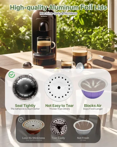 Vista 6 de Grasseed Abridor de tapas reutilizables para cápsulas Nespresso VertuoLine con 100 sellos de papel de aluminio para limpiar y rellenar cápsulas
