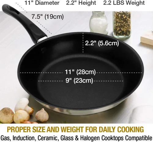 Vista 6 de HOMICHEF Tapa de vidrio antiadherente de 11 pulgadas, sartén para tortilla de acero inoxidable sin níquel con tapa ventilada, sartenes