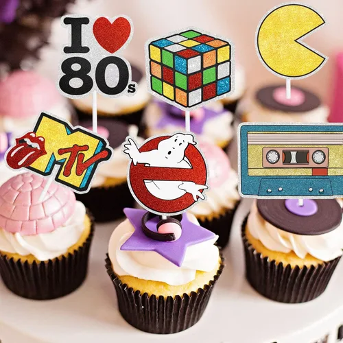Vista 4 de 18 piezas de decoración de cupcakes de Back To The 80s Picks - Retro Throwback Theme Hombre Mujer Feliz Cumpleaños Fiesta Evento Glitter Decoración