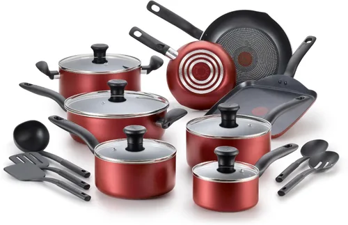Vista 9 de T-fal Essence, juego de ollas y sartenes antiadherentes, 20 piezas, color rojo