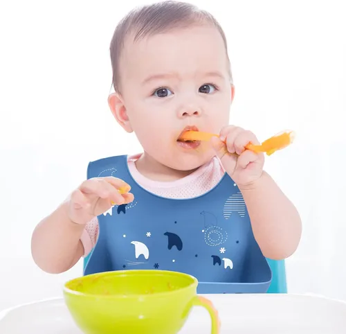 Vista 3 de Babero de silicona impermeable para bebé, fácil de limpiar, secado rápido, suave y cómodo, babero de alimentación, mantiene las manchas fuera