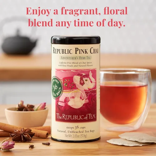 Vista 3 de The Republic of Tea Republic Pink Chai - Lata de té de hierbas, 36 bolsas de té, naturalmente sin cafeína