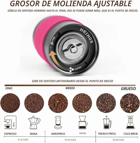 Vista 3 de Molinillo de café manual – HEIHOX Hand con molino de rebabas cónico ajustable de acero inoxidable, capacidad de 1.06 oz (30 g), molinillo portátil