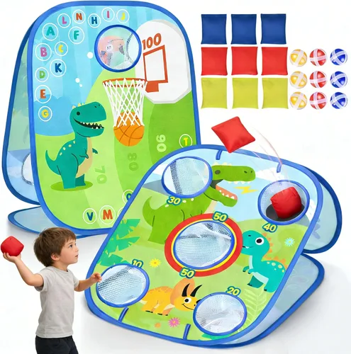 Juego de juegos de cornhole de dinosaurio para niños, juego de lanzamiento de bolsas de frijoles 6 en 1, tablero de dardos de baloncesto, juegos