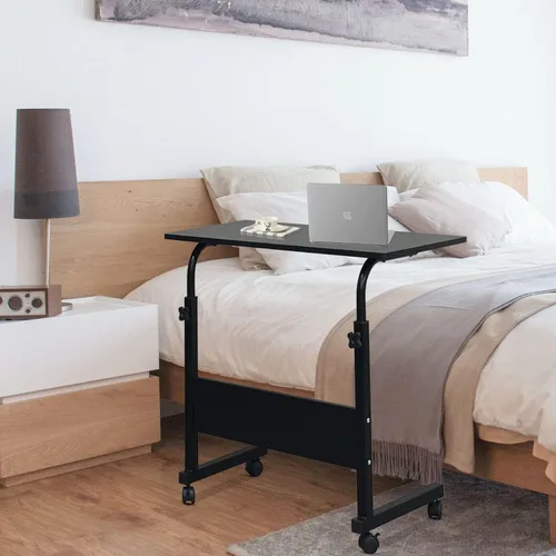 Vista 3 de Carrito de escritorio para computadora móvil, mesa para laptop de altura ajustable con ruedas, soporte rodante, mesa auxiliar para sofá, cama Negro