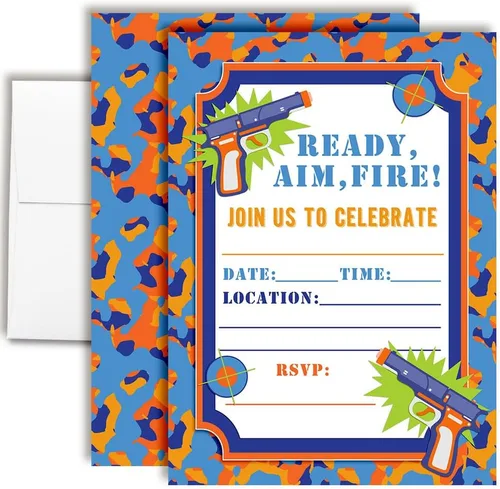 AmandaCreation - Invitaciones para fiesta de cumpleaños de Dart Gun, 20 tarjetas de relleno de 5 x 7 pulgadas con veinte sobres blancos